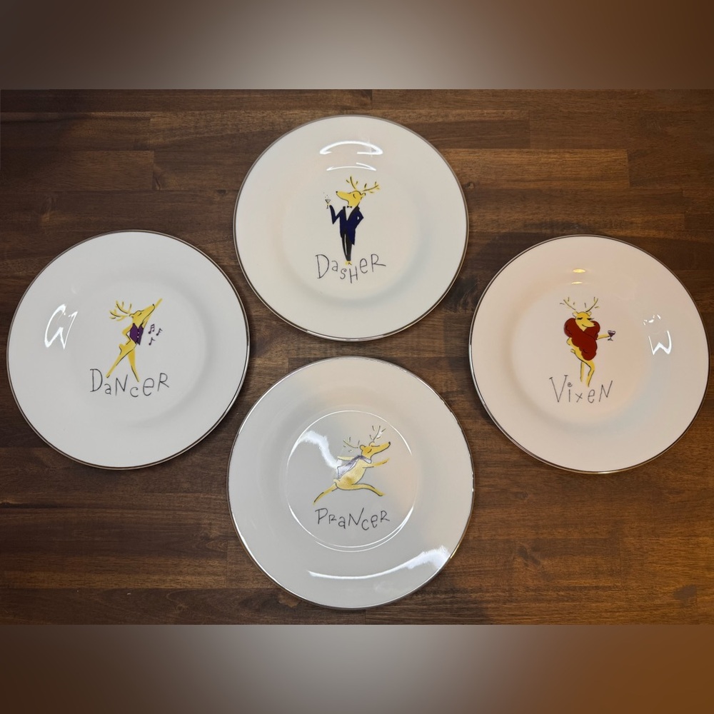 4 VTG PotteryBarn Reindeer 8.5" Dessert Plates Dasher Dancer Prancer Vixen Y2K